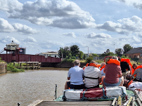 2023 Syntan: Hull and back - waiting to creep under a broken Wilmington Swing Bridge (Image Jeremy Hartill)